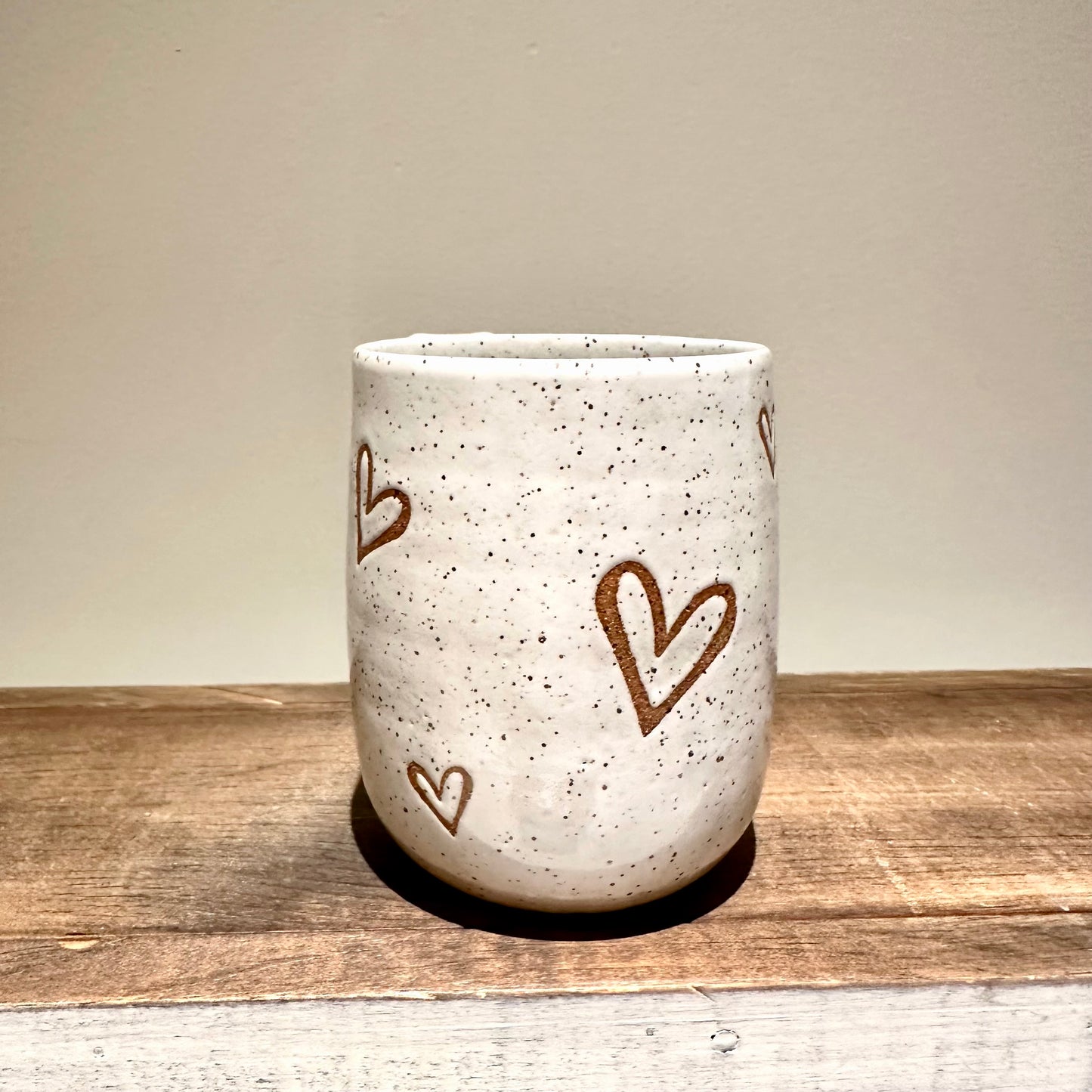 Multi hearts white speckle mug - Series 1