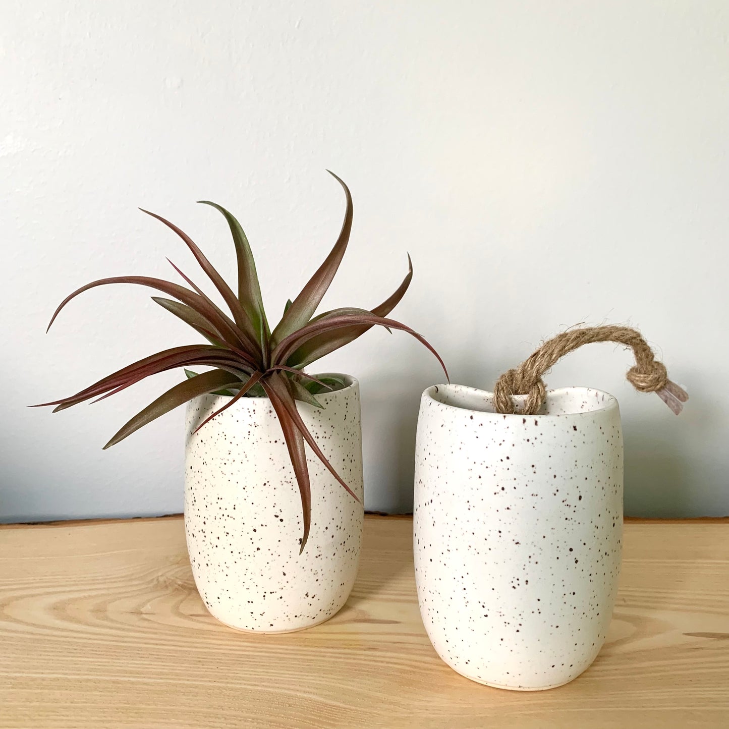 White speckle ceramic hanging planter with jute rope hanger. Perfect for displaying succulents, air plants or a small dried flower bouquet