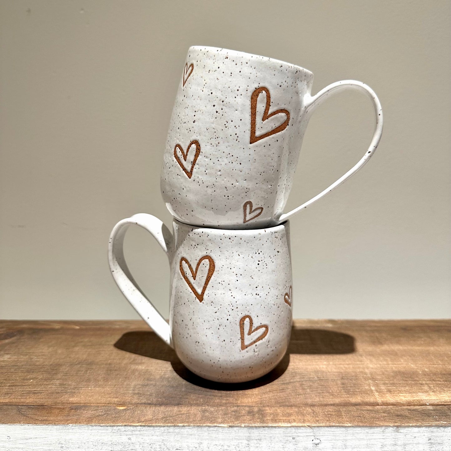 Multi hearts white speckle mug - Series 1