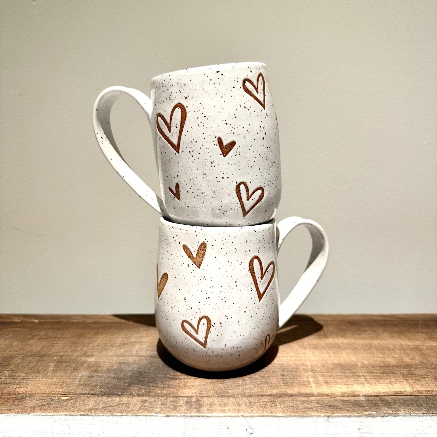 Multi hearts white speckle mug - Series 2